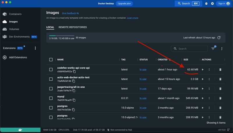 view optimized image size in docker desktop